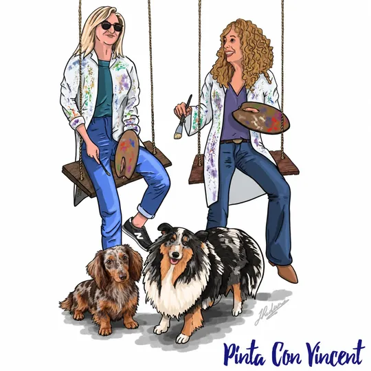 Logotipo de Pinta con Vincent: dos pintoras en columpios con dos perros
