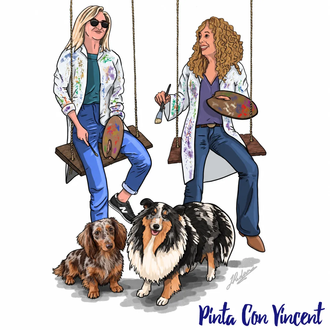 Ilustración de Pinta con Vincent: dos pintoras con batas salpicadas de pintura sentadas en columpios, con dos perros, y el texto manuscrito Pinta Con Vincent